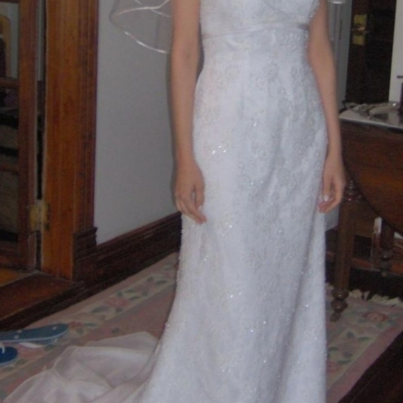 Bridal Gown Ivory Lace Wedding Dress Chiffon Train Beach Garden 58.5” Davi’s sz6 - Picture 12 of 16